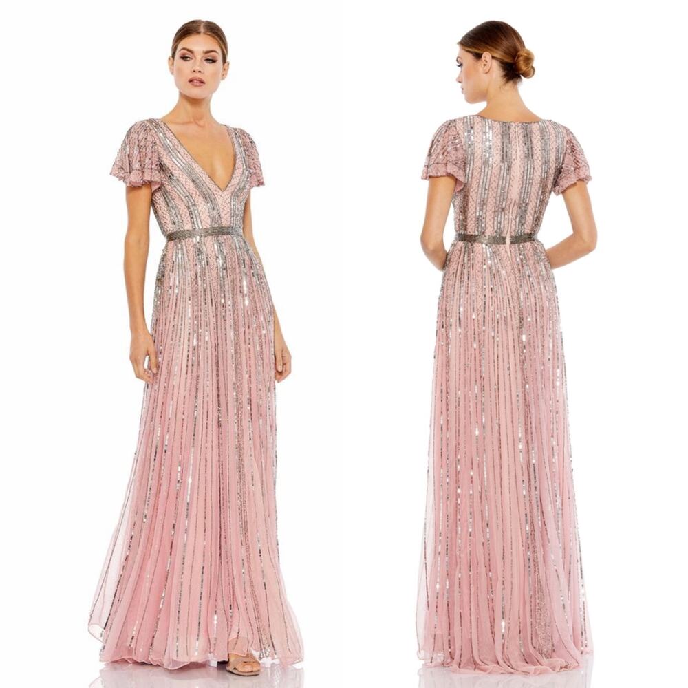 NWT Mac Duggal Stripe Sequin V-Neck Gown in Rose Pink Size 4